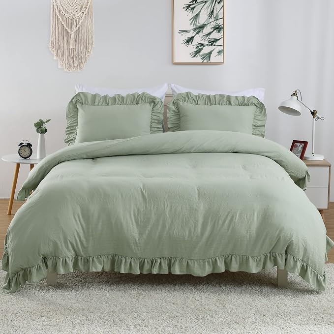 Ruffle Duvet Cover Queen Size, Sage Green, 90x90 in - Image 2