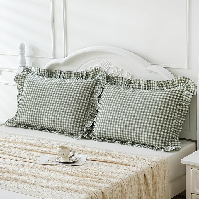 2 Pack Sage Green White Plaid Ruffle Pillow Shams Standard Size 20x26 inches - Image 2