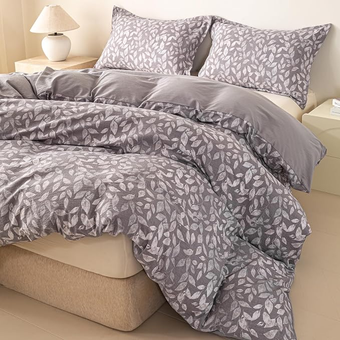 OAITE Grey Fallen Leaves Queen Size Duvet Cover-3 Pieces Prewashed Cotton-Like - Image 2