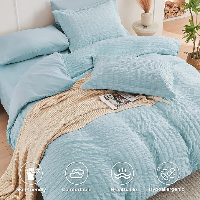 HYMOKEGE Lake Blue Queen Comforter Set Seersucker 7 Pieces, All Season Luxury - Image 3