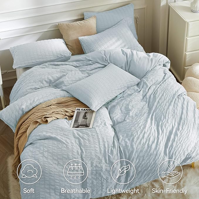 JELLYMONI Baby Blue Duvet Cover King Size, Soft Breathable Seersucker Duvet - Image 2