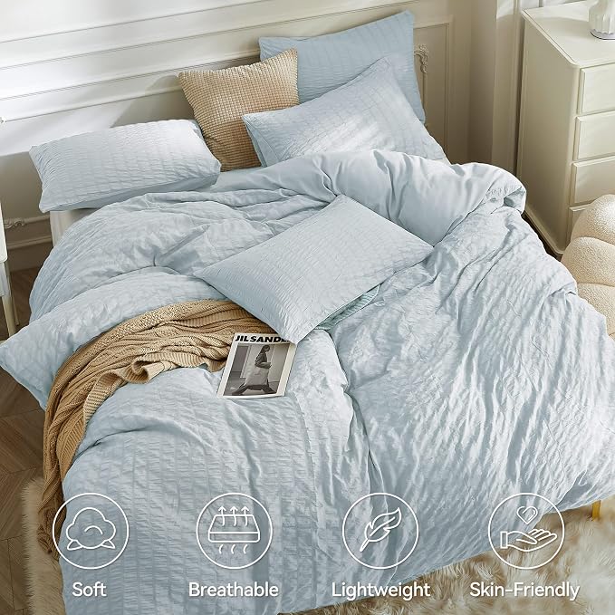 JELLYMONI Baby Blue Duvet Cover Queen Size, Soft Breathable Seersucker Duvet - Image 2