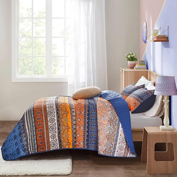 WONGS BEDDING Boho Fall Quilt Full Size, 3 Pieces Orange Blue Bohemian - Image 4