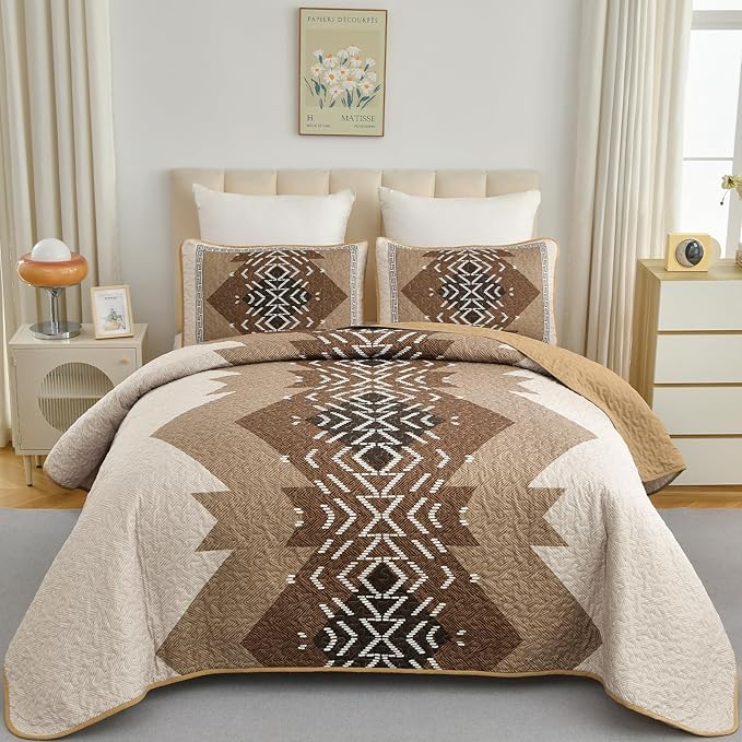 Dintszyayue Boho Full Size Quilt Set, 3 Pieces Aztec Texture Bedding Coverlet by Dintszyayue