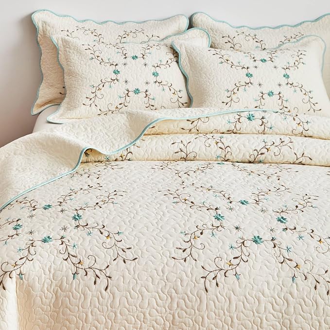 ROOMLIFE Quilt Set King Size 3D Floral Embroidery Pattern 3-Piece Cotton - Image 2