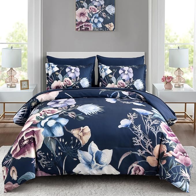 Luxudecor Floral Comforter Set King Size 7 Piece, Elegant Comforter Bedding Set by Luxudecor