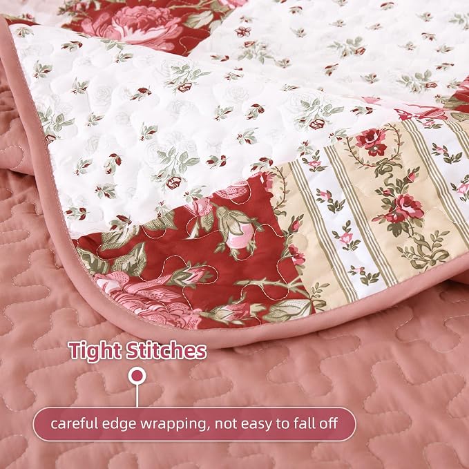 Anibedding 3Pieces Patchwork Quilts Queen Size, Bohemian Red Flower Plaid - Image 6