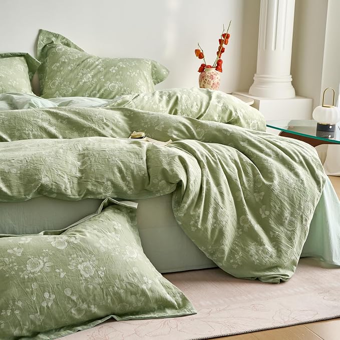 mixinni 100% Washed Cotton Cover Set, Reversible Vintage Green Floral Butterfly - Image 3