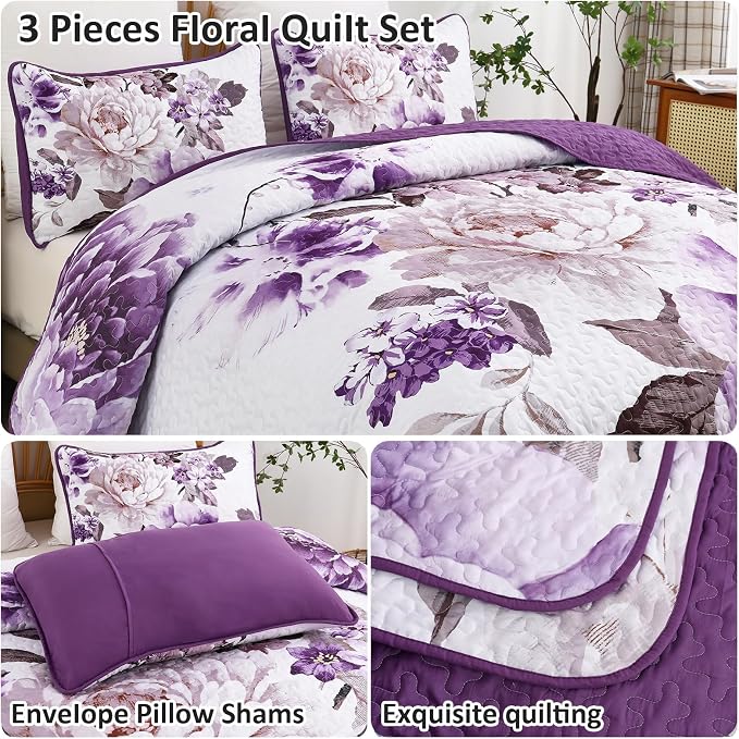WONGS BEDDING Floral Quilt Set Purple Queen, Quilted Printed Lightweight - Image 4