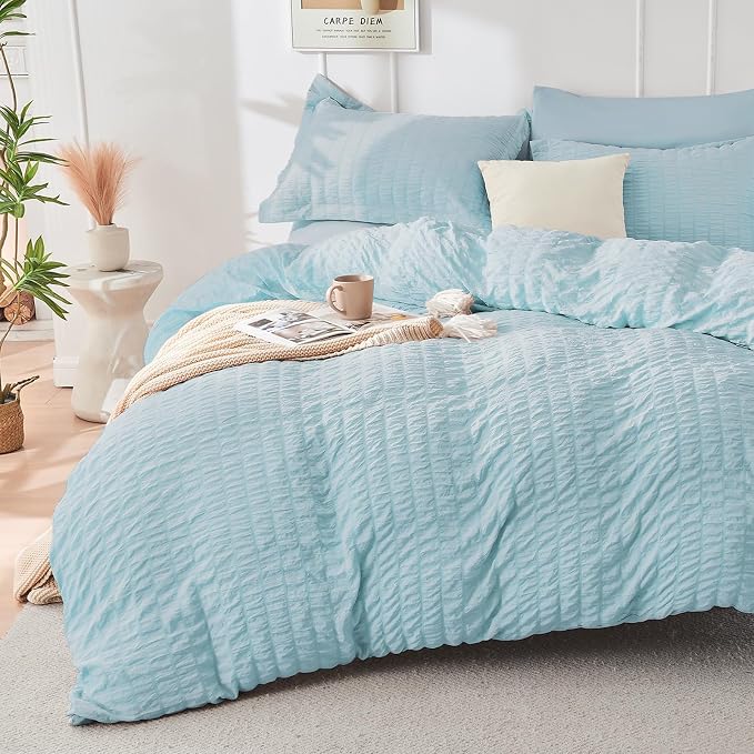 HYMOKEGE Lake Blue Full Size Comforter Sets Seersucker 7 Pieces, All Season - Image 2