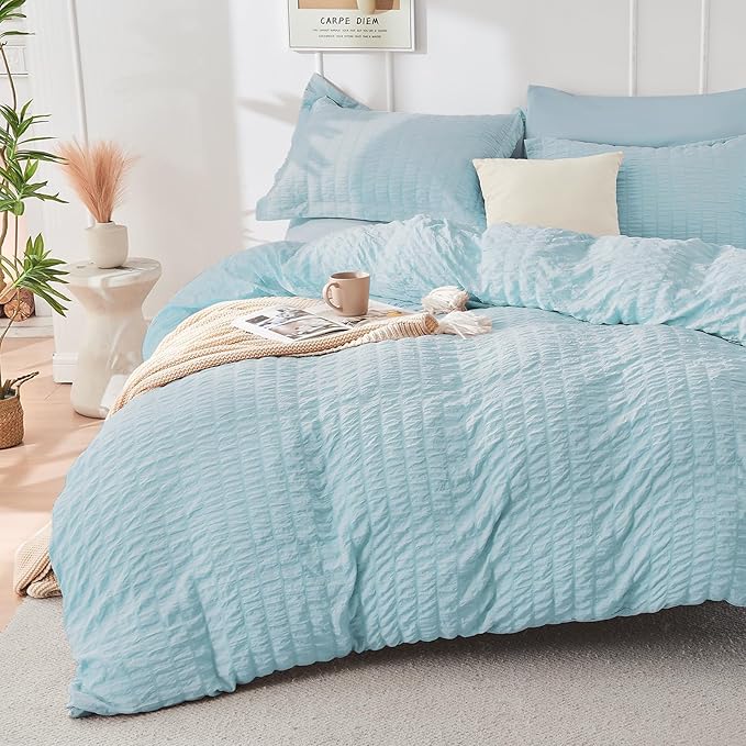 HYMOKEGE Lake Blue Queen Comforter Set Seersucker 7 Pieces, All Season Luxury - Image 2