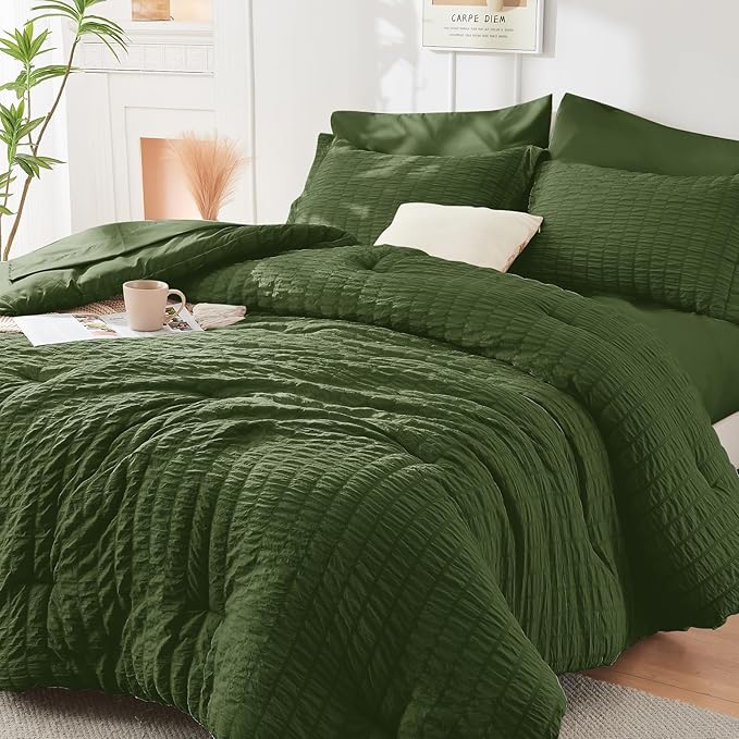 HYMOKEGE Olive Green Full Size Comforter Sets Seersucker 7 Pieces, All Season by HYMOKEGE