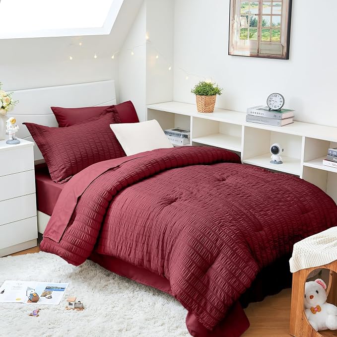 HYMOKEGE Burgundy Twin XL Comforter Set Seersucker 5 Pieces, All Season Luxury by HYMOKEGE
