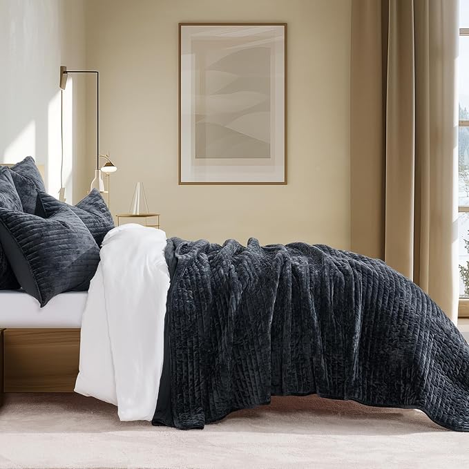 EVERGRACE Velvet Quilt Set Queen Size, Luxurious Soft Striped Channel Bedding - Image 2