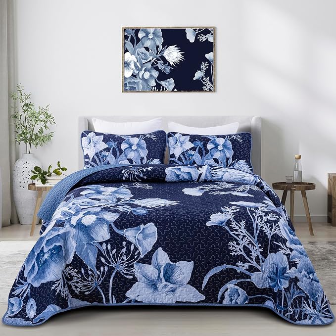 Floral Quilt Set Queen 3 Pieces Navy Blue Floral Quilt Coverlet Set Soft by DRUCON