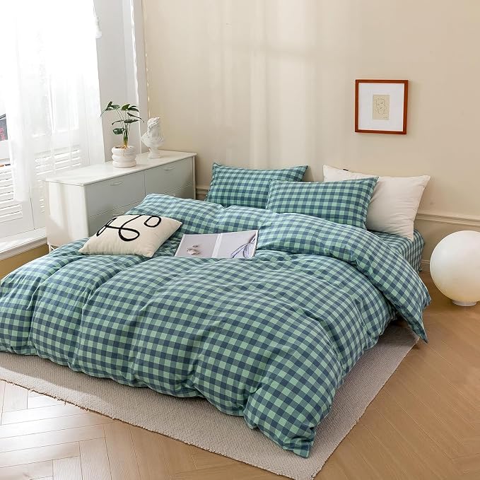 mixinni Green Gingham Grid Duvet Cover Twin, 100% Washed Cotton Modern - Image 5