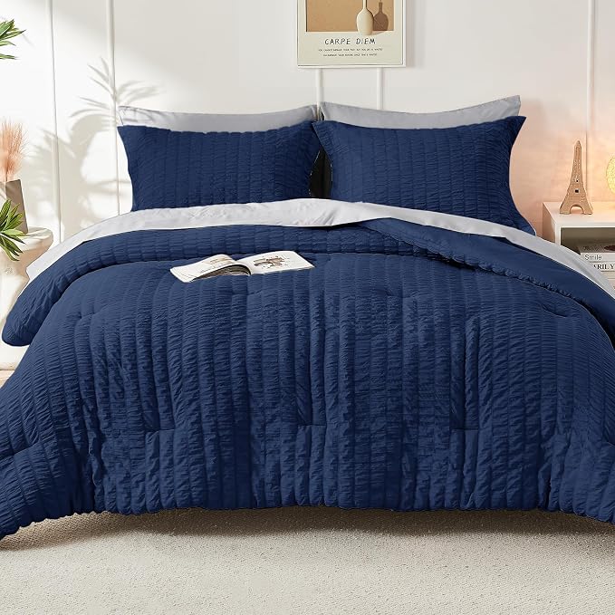 HYMOKEGE Navy Blue/Light Grey Full Size Comforter Sets Seersucker 7 Pieces - Image 7