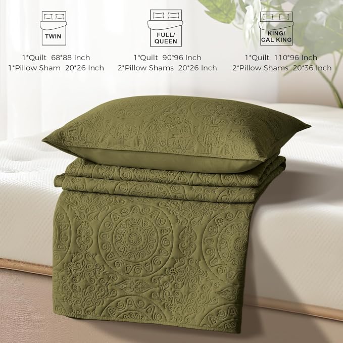 WURUIBO Olive Green Quilt Set Queen Size, Embossing Microfiber Full Bedspreads - Image 7