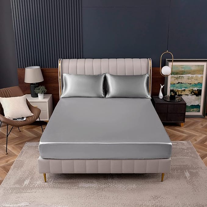 Homiest Light Grey Satin Fitted Sheet Twin XL Size, Deep Pocket, Luxury & Ultra - Image 2
