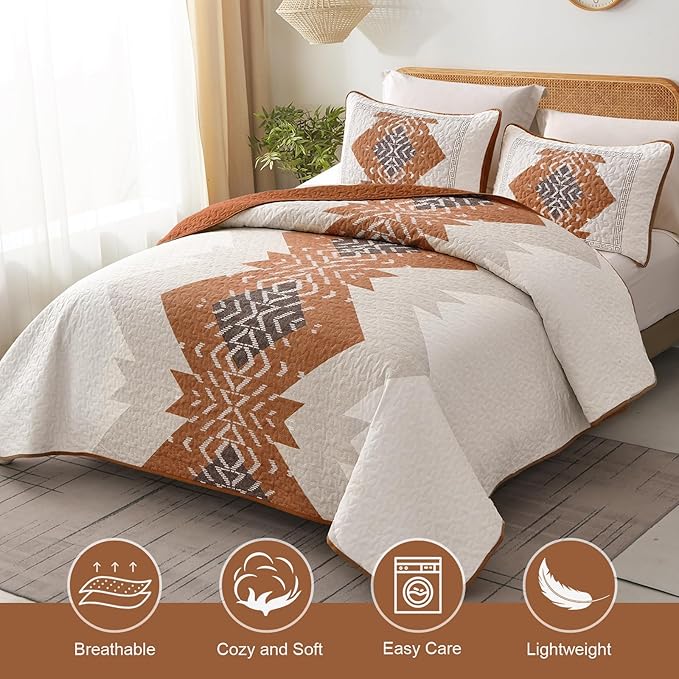Dintszyayue Burnt Orange Quilt Set Boho California King Size, 3 Piece Aztec - Image 2