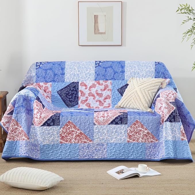 Mybedsoul Blue Patchwork Queen Size Quilt, Cozy Boho Floral Spring Bedspreads - Image 6