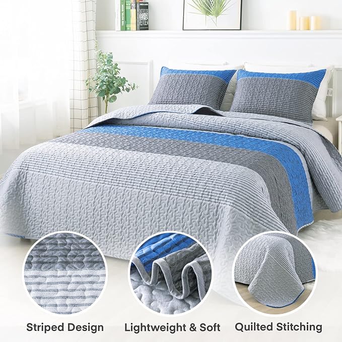 Andency Stripe Quilt Set Twin, 2 Pieces Blue and Grey Patchwork Bedspread - Image 2