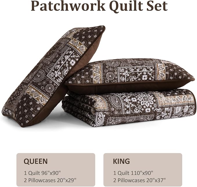 Cottolester Brown Patchwork Quilt Set Queen Size, 3 Pieces Boho Paisley Quilt - Image 7