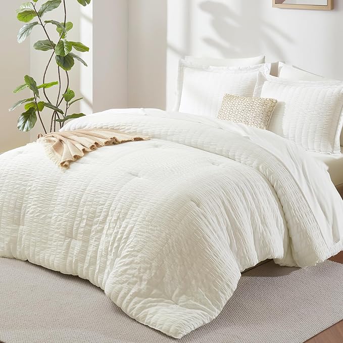 CozyLux Queen Comforter Set Ivory Seersucker 7 Pieces Bed in a Bag Queen by CozyLux