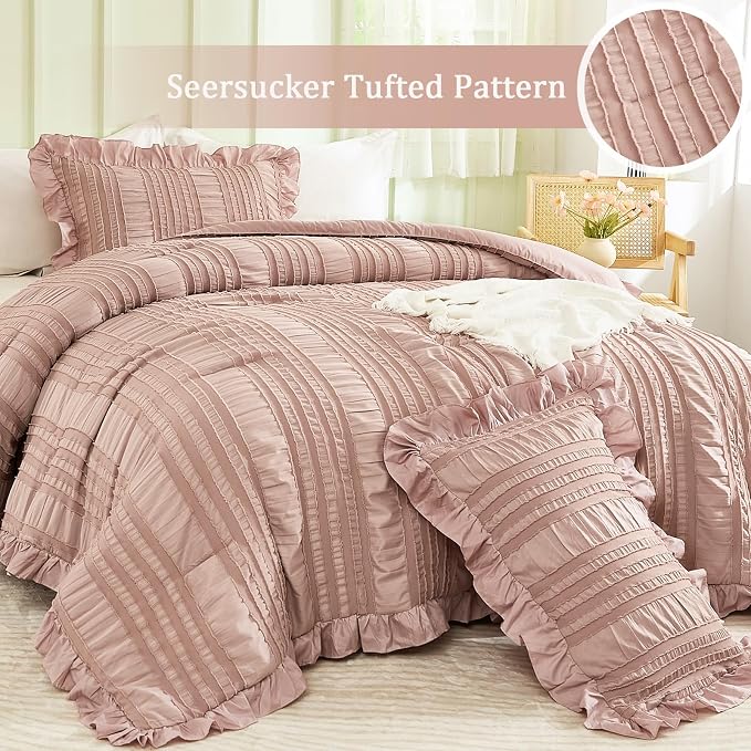 WONGS BEDDING Pink Comforter Set King, 3 Pieces Ruffle Farmhouse Shabby Chic - Image 2