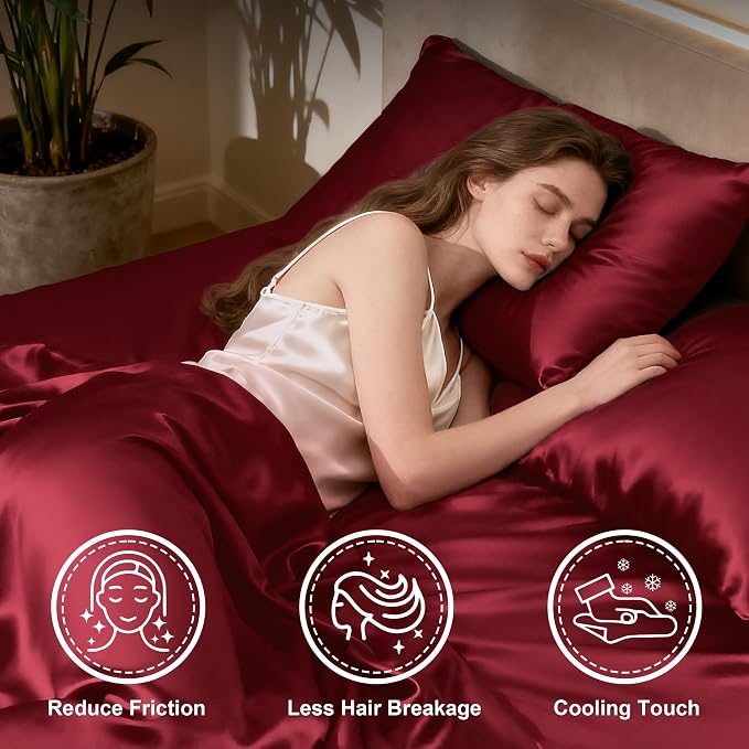 Love's cabin 4Piece California King Satin Bed Linen Set, Burgundy Silky Satin - Image 3