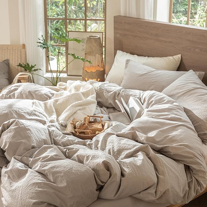 MooMee Wavy Striped Duvet Cover Set 100% Washed Cotton Linen Like Textured - Image 5
