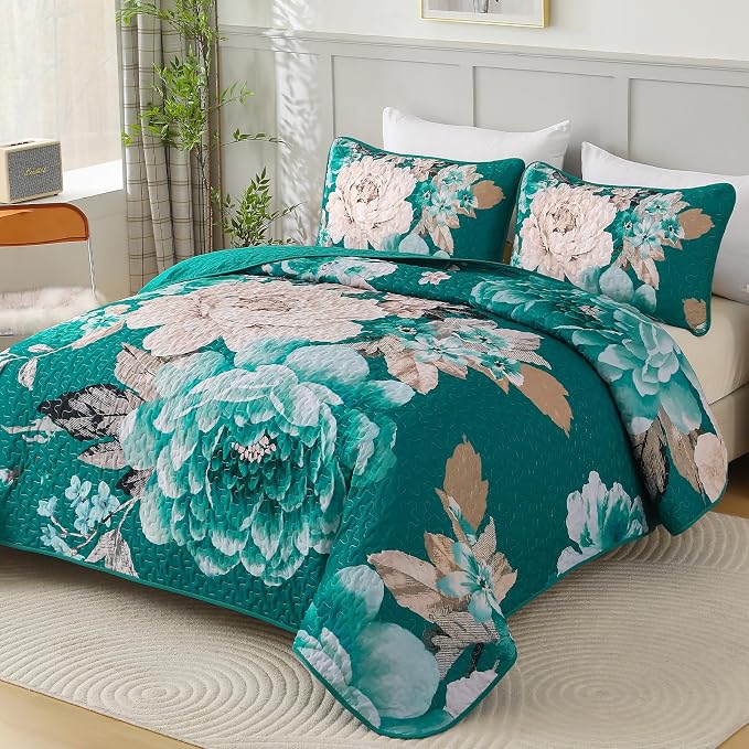 WONGS BEDDING Teal Boho Floral Quilt Set Queen, Elegant Flower Bedspread - Image 2