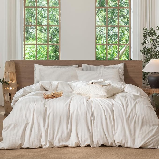 MooMee Striped Duvet Cover Set 100% Washed Cotton Linen Like Textured by MOOMEE