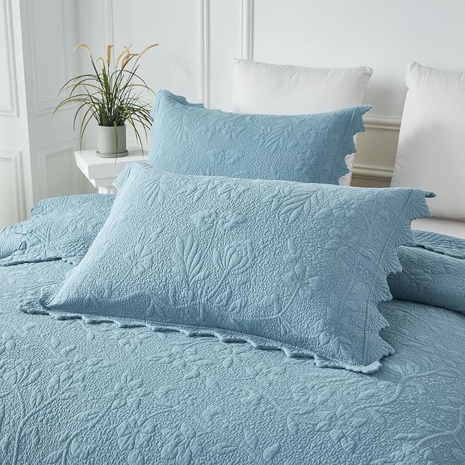 Brandream Luxury 100% Cotton Quilt Set Queen Size Blue Floral Vine Matelasse - Image 9