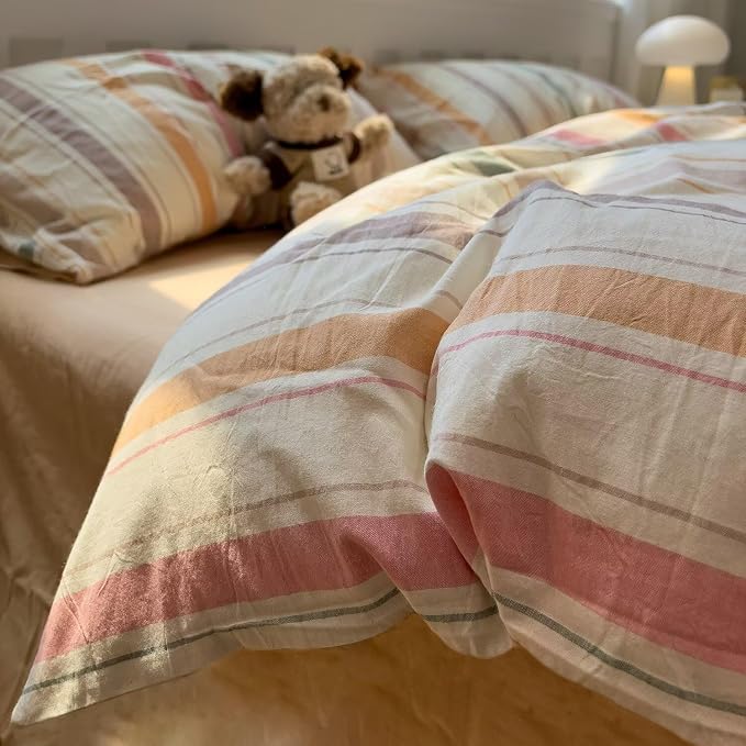 MKXI Washed Cotton Duvet Cover Set Retro Stripes in Autumn Palette 3-Piece - Image 5