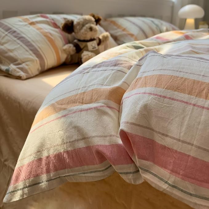 MKXI Washed Cotton Duvet Cover Set Retro Stripes in Autumn Palette 3-Piece - Image 5