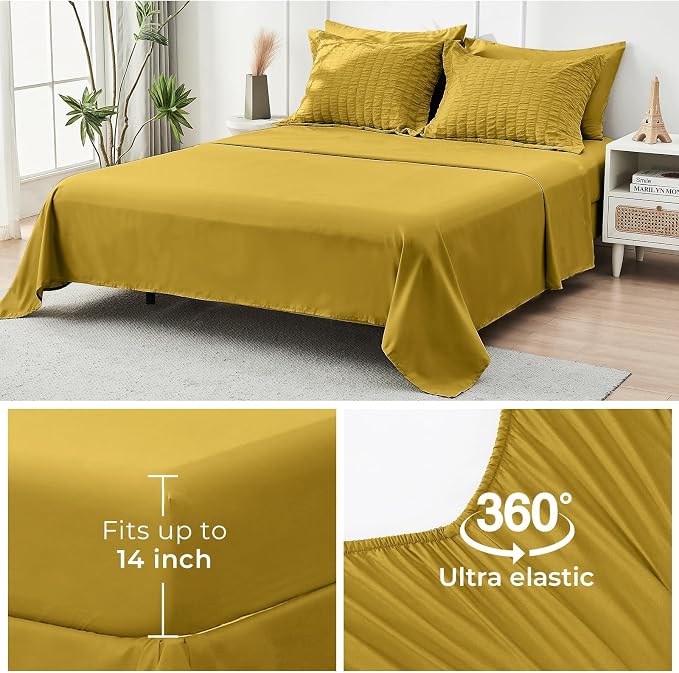 HYMOKEGE Mustard Yellow California King Comforter Set Seersucker 7 Pieces - Image 7