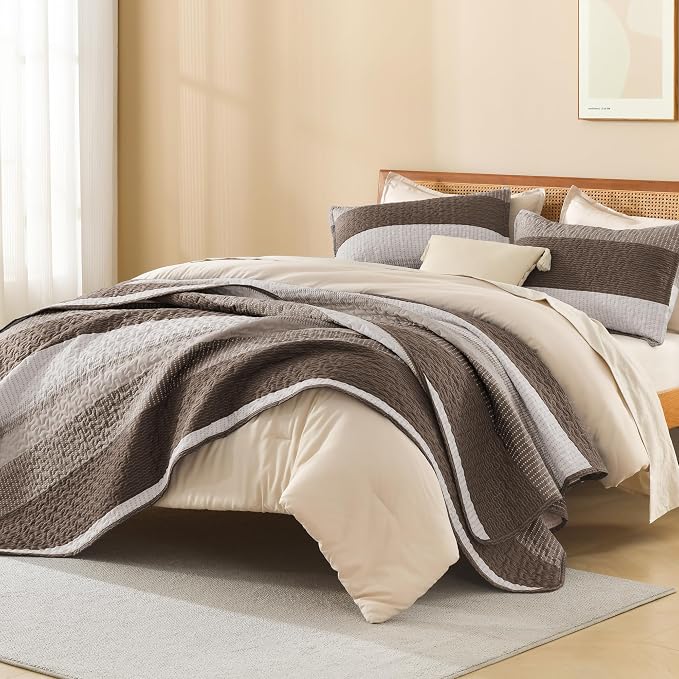 Litanika Quilt King Size Brown, Stripe Patchwork Summer Bedspread Coverlet 3 - Image 4