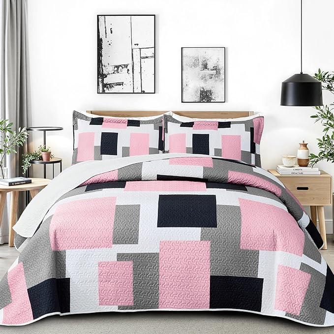 Tyrot 3 Piece Pink Grey Quilt Set California King Size Pink Gray White by TyrotHomeDecor