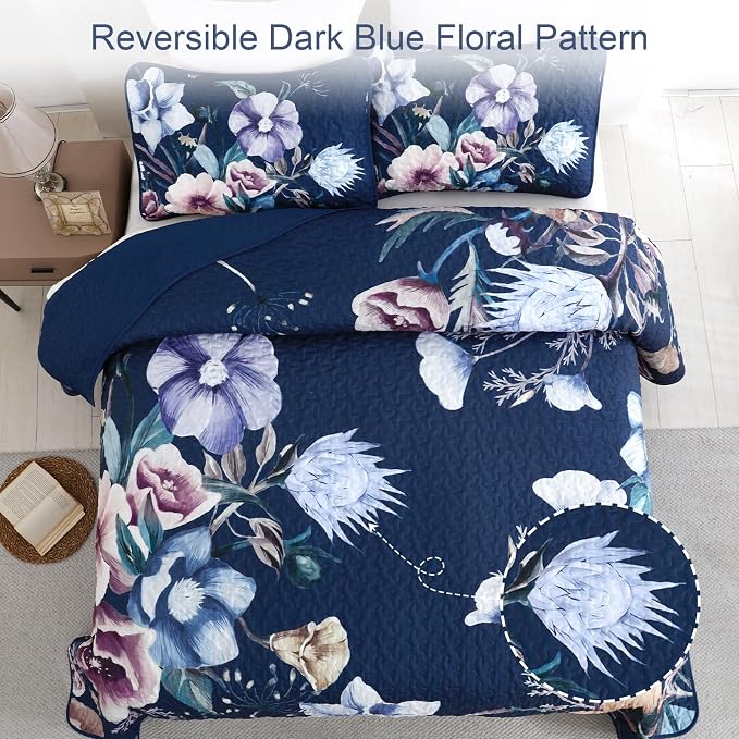 Drucon Blue Floral Quilt Set King Size 3 Pieces Blue Botanical Flower Quilt - Image 3