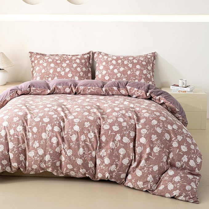 OAITE Purple Flower King Size Duvet Cover-3 Pieces Prewashed Cotton-Like by OAITE