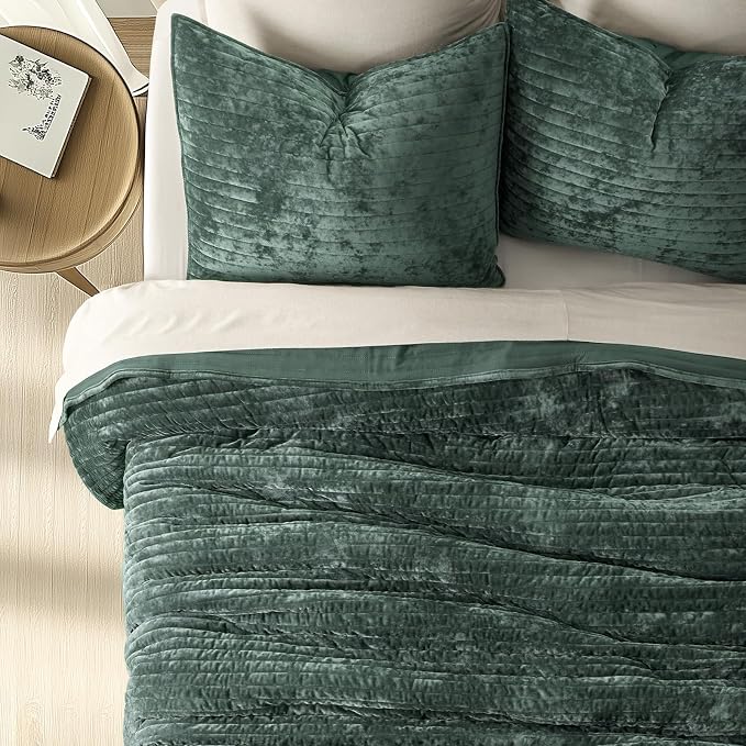 EVERGRACE Velvet Quilt Set King Size, Luxurious Soft Striped Channel Bedding Set - Image 2