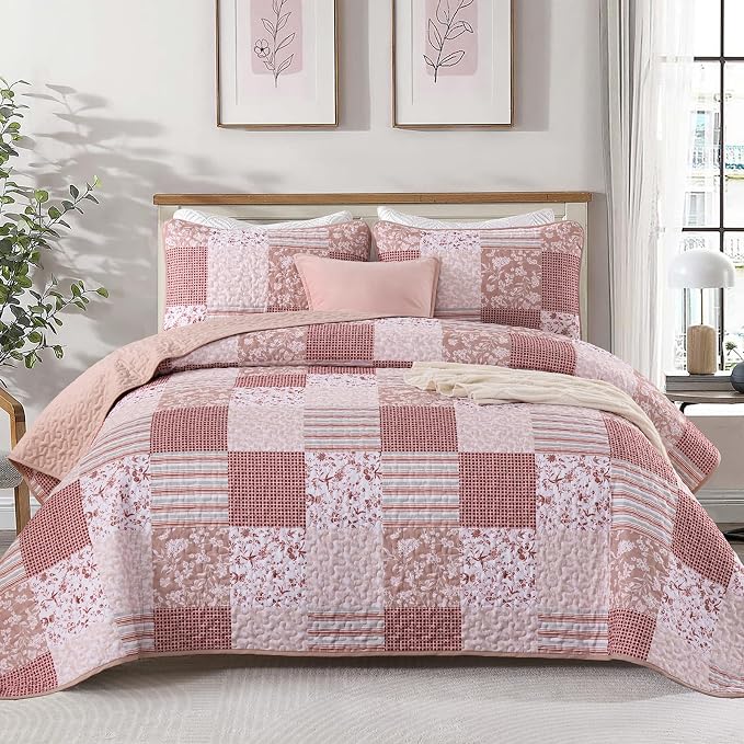 Mybedsoul Patchwork Quilt Set Queen Size, 3 Pieces Pink Floral Plaid Bedspread by Mybedsoul