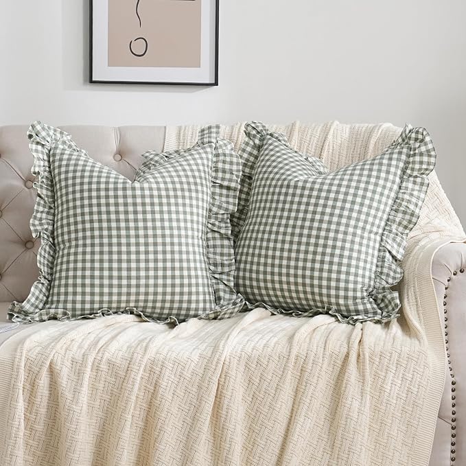 2 Pack Sage Green/White Plaid Ruffle Throw Pillow Covers Farmhouse Checkered by Qilunn