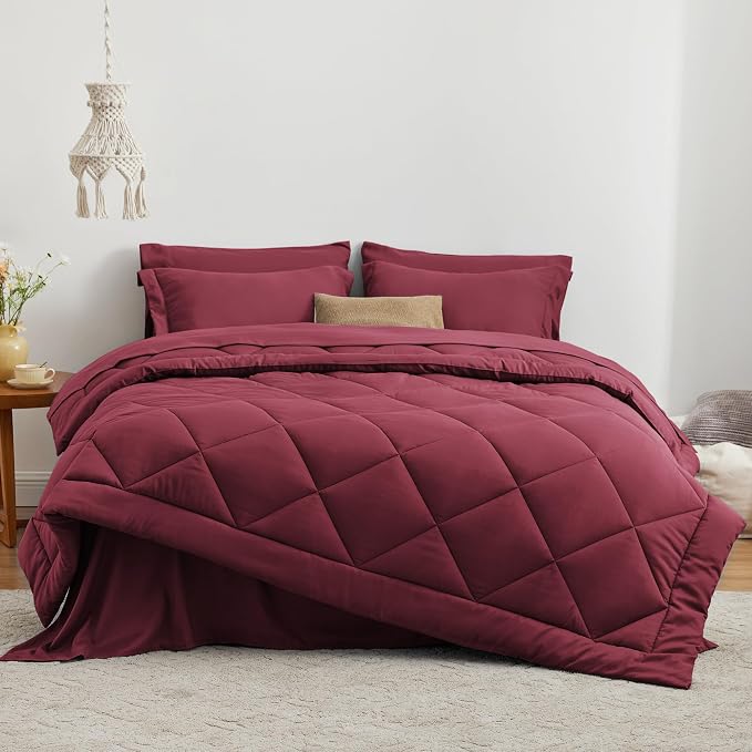 Love's cabin Queen Comforter Set Burgundy, 7 Pieces Queen Bed in a Bag - Image 2
