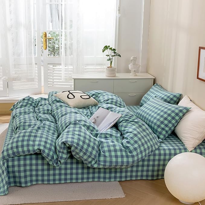 mixinni Green Gingham Grid Duvet Cover Full, 100% Washed Cotton Modern - Image 3