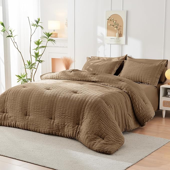 HYMOKEGE Brown King Size Comforter Set Seersucker 7 Pieces, All Season Luxury - Image 8