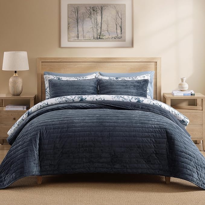 WRENSONGE Velvet King Size Quilt Set-3 Pieces Blue Grey Luxurious Velvet by WRENSONGE