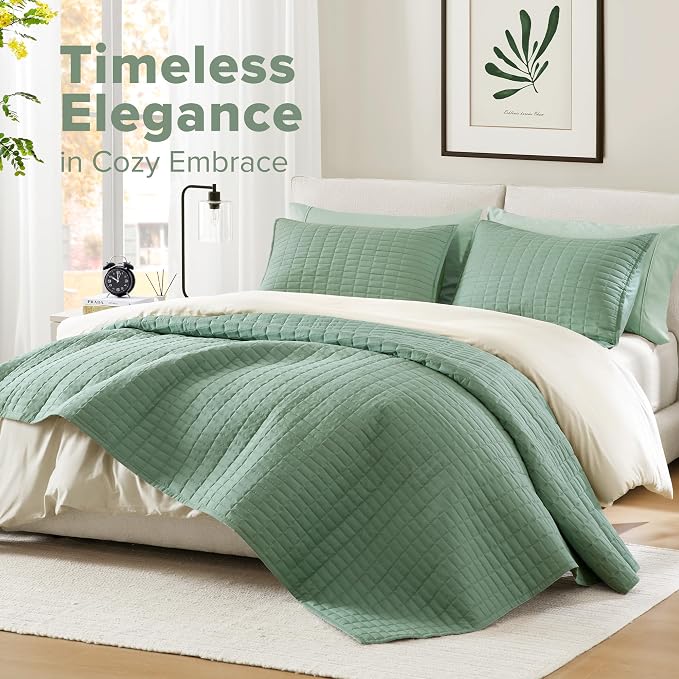 Comfort Spaces Sage Green Oversized Queen Quilt Set 102"x118" Bedspread Quilted - Image 2