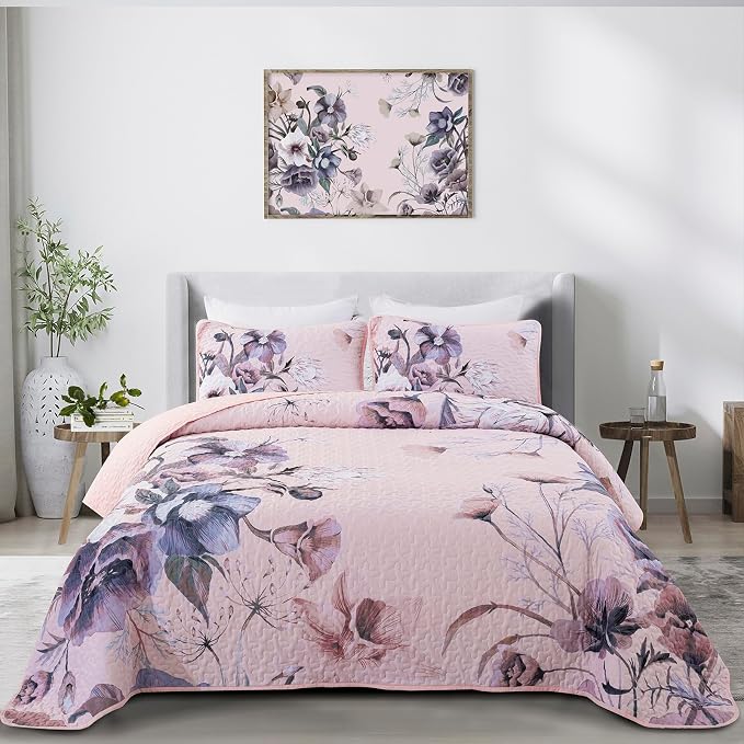 Floral Quilt Set Queen 3 Pieces Pink Floral Quilt Coverlet Set Soft Microfiber by DRUCON